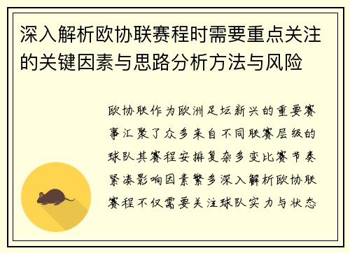 深入解析欧协联赛程时需要重点关注的关键因素与思路分析方法与风险